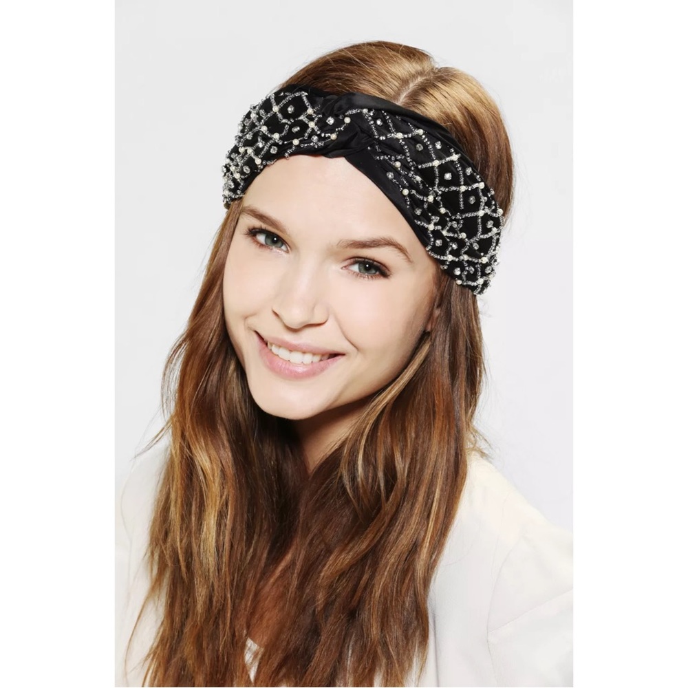 NWT Free People Embellished Turban Headwrap in Festive Black